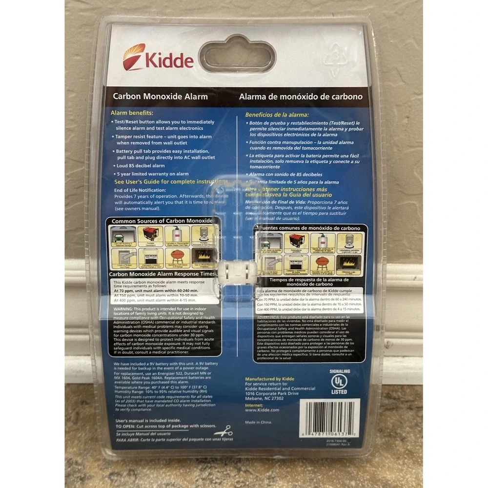 Kidde Carbon Monoxide Alarm Battery Backup Plug-In CO Alarm New